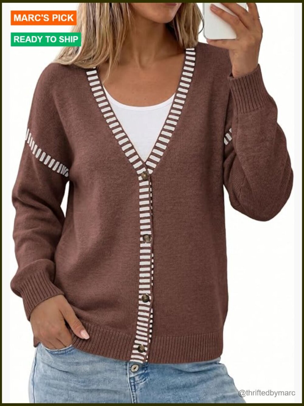 Oversized Cardigan Sweater Button Front V-Neck Striped Trim Long Sleeve Casual